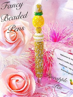 Fancy Pineapple Beaded Pen - Yellow Glitter Decorative Ballpoint